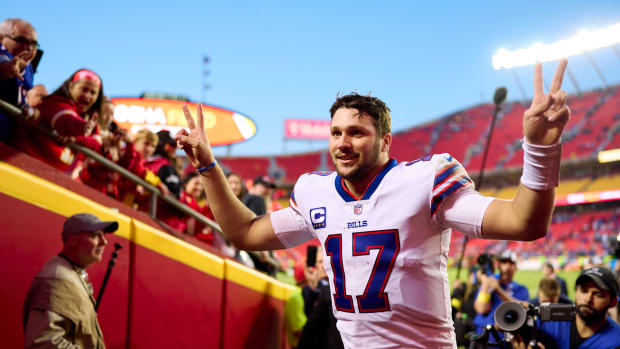 Josh Allen of the Buffalo Bills celebrates after his team's big win.