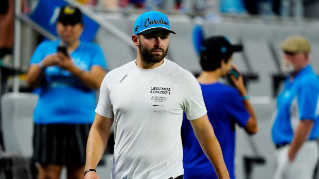 CHARLOTTE, NORTH CAROLINA - JULY 20: Baker Mayfield of Carolina Panthers looks on prior to the Pre-Season Friendly match between Chelsea FC and Charlotte FC at Bank of America Stadium on July 20, 2022 in Charlotte, North Carolina. (Photo by Jacob Kupferman/Getty Images)