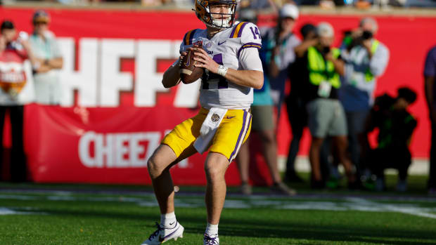 Walker Howard throws a pass for LSU in the Cheez-It Citrus Bowl.