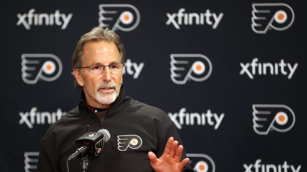 PHILADELPHIA, PENNSYLVANIA - DECEMBER 20:  Head Coach of the Philadelphia Flyers John Tortorella speaks during a press conference after his team defeated the Columbus Blue Jackets 5-2 at the Wells Fargo Center on December 20, 2022 in Philadelphia, Pennsylvania.  (Photo by Len Redkoles/NHLI via Getty Images)