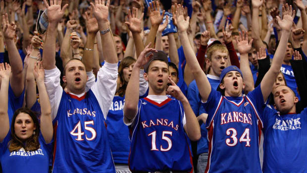 Kansas basketball fans during a Jayhawks home game.
