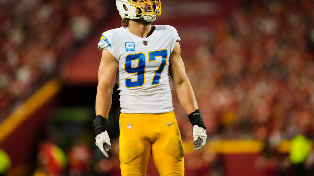 KANSAS CITY, MO - SEPTEMBER 15: Joey Bosa #97 of the Los Angeles Chargers looks up at the scoreboard against the Kansas City Chiefs at GEHA Field at Arrowhead Stadium on September 15, 2022 in Kansas City, Missouri. (Photo by Cooper Neill/Getty Images)