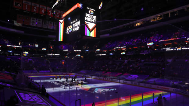 PHILADELPHIA, PA - MAY 03:  Tonight's game is the Philadelphia Flyers Pride Night against the Pittsburgh Penguins at the Wells Fargo Center on May 3, 2021 in Philadelphia, Pennsylvania.  (Photo by Len Redkoles/NHLI via Getty Images)