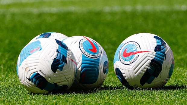 HARRISON, NJ - JUNE 19:  A  general view of Nike game balls on the field prior to the first half of the NWSL soccer game between NJ/NY Gotham FC and San Diego Wave FC on June 19, 2022 at Red Bull Arena in HArrison, NJ.  (Photo by Rich Graessle/Icon Sportswire via Getty Images)