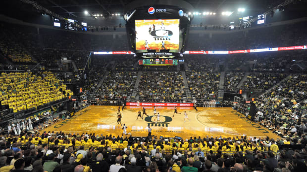 Oregon's basketball court during a game against USC.