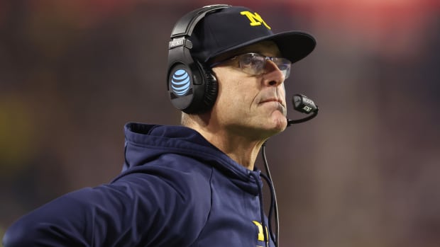 GLENDALE, ARIZONA - DECEMBER 31: Head coach Jim Harbaugh of the Michigan Wolverines is seen on the sideline during the second half against the TCU Horned Frogs in the Vrbo Fiesta Bowl at State Farm Stadium on December 31, 2022 in Glendale, Arizona. (Photo by Christian Petersen/Getty Images)